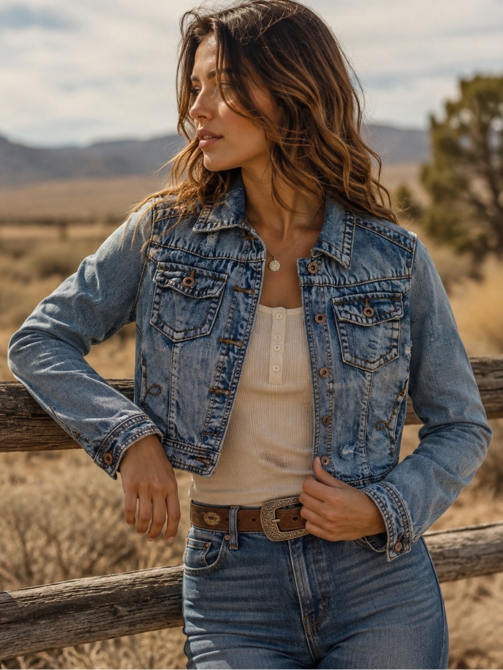 White Crow Sz S Distressed Cotton Cropped Denim Jacket Western Bandana Pockets